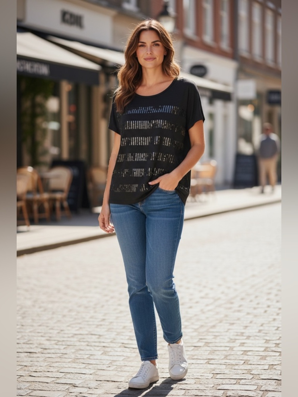Knit by Hampshire Black Sequin Stripe Tee